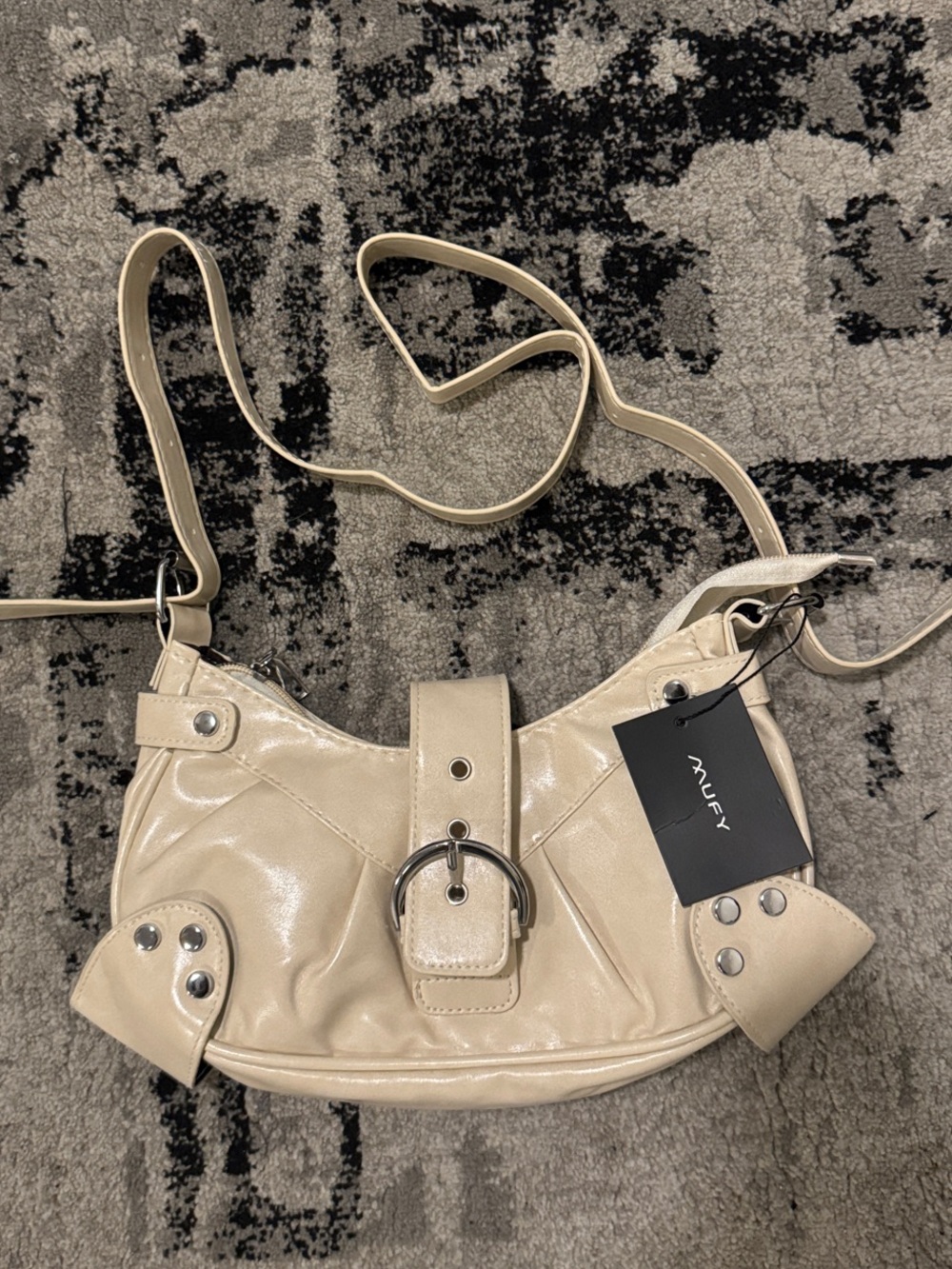 Beige Vegan Leather Shoulder Bag with Buckle Detail